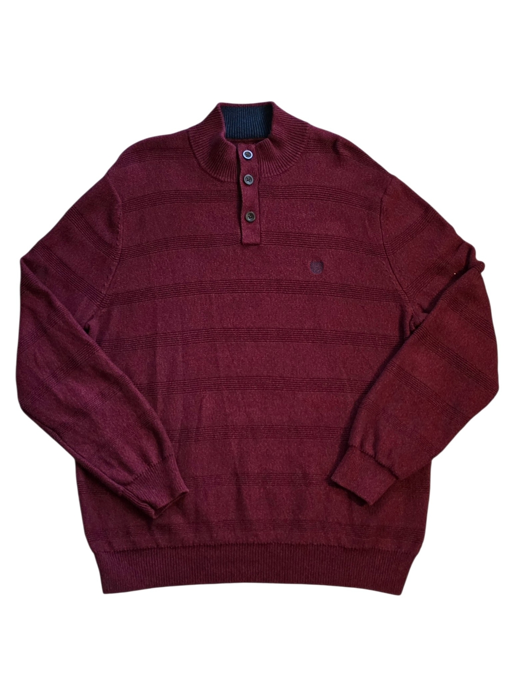 Chaps XL Burgundy Striped Mock Neck Quarter Button Knit Sweater Extra Large‎